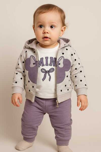 Pinomio Baby&Kids Kız Bebek Mini Desen Kapüşonlu Hırkalı 3'lü Takım