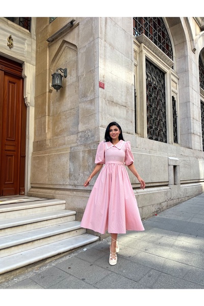 KÜÇÜĞÜM BUTİK White Lace Flared Dress with Pink Polka Dot Collar