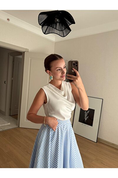 BAŞARAN Degaje Collar Ecru Satin Blouse