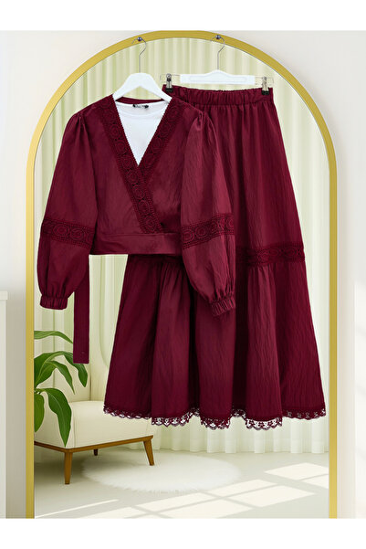 Modamorfo Lace Detailed Tie-Up Sleeve Elastic Waist Skirt Suit - Burgundy