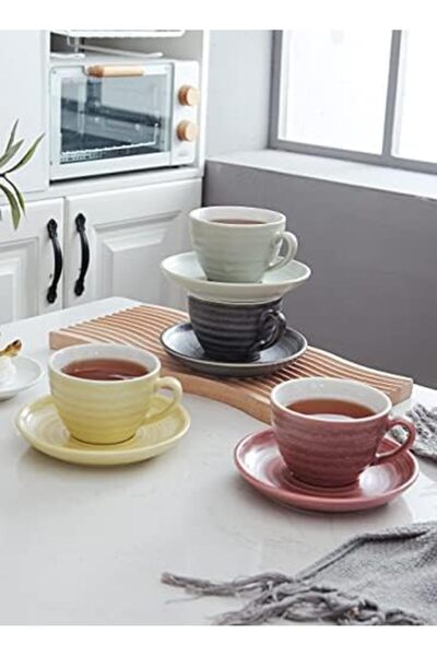 sharpdo Set of 8 Ceramic Coffee Cups and Round Plates, 300 ml (Mixed Color)