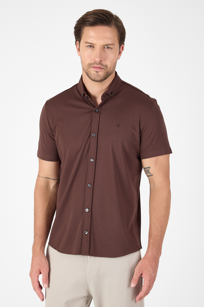 İmza Dark Brown Short Sleeve Button Collar No Pocket Performance Product Slim Fit Shirt 1004250256