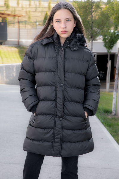 Cansın Mini Black Fur Inside Snap Fastener Hooded Girl's down Jacket 21317