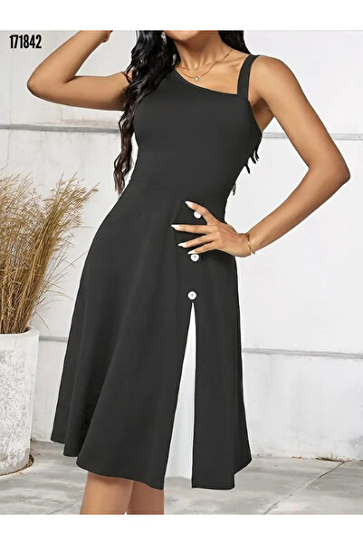 moda wanilia Sleeveless Janjan Crepe Women's Dress One Shoulder Stripe and Button Detail