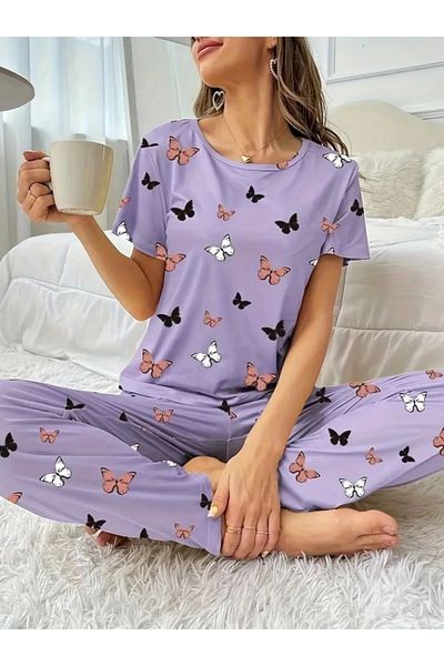 MetuCA Women's Short Sleeve Crew Neck Butterfly Printed Single Jersey Double Set