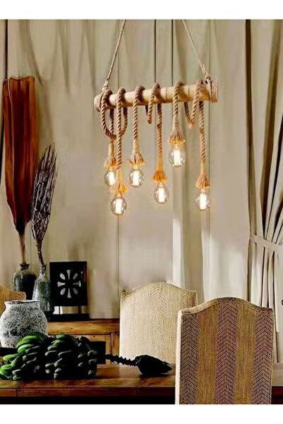 Raffine Rustic Rope Bamboo Chandelier – Retro Pendant Lamp with 6 Bulbs for Home Decor, 80x80cm