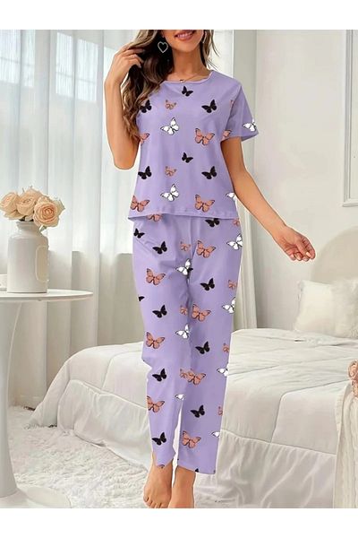 MetuCA Women's Short Sleeve Crew Neck Butterfly Printed Single Jersey Double Set