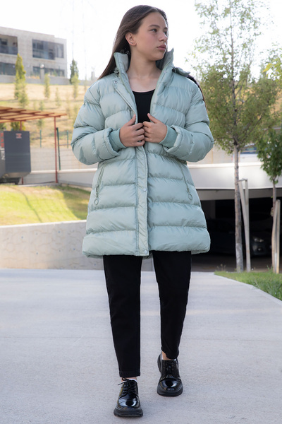 Cansın Mini Green Snap Inside Hooded Girl's down Jacket 21324