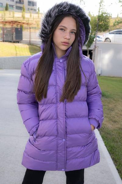 Cansın Mini Lilac Fur Inside Snap Fastener Hooded Girl's down Jacket 21322