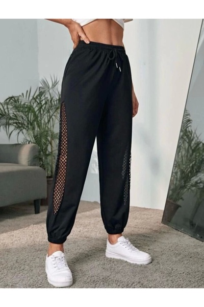 MetuCA Women's High Waist Side Eyelet Transparent Detail Sweatpants - Black