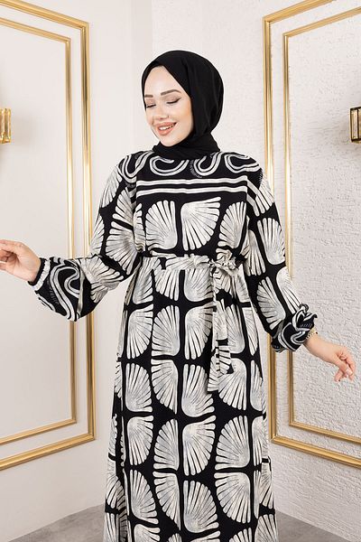 Tesettür Dünyası Oyster Patterned Viscose Dress Tsd250212 Gray