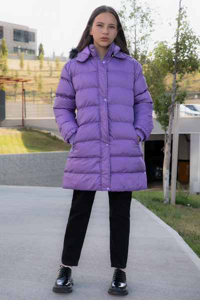 Cansın Mini Lilac Fur Inside Snap Fastener Hooded Girl's down Jacket 21322