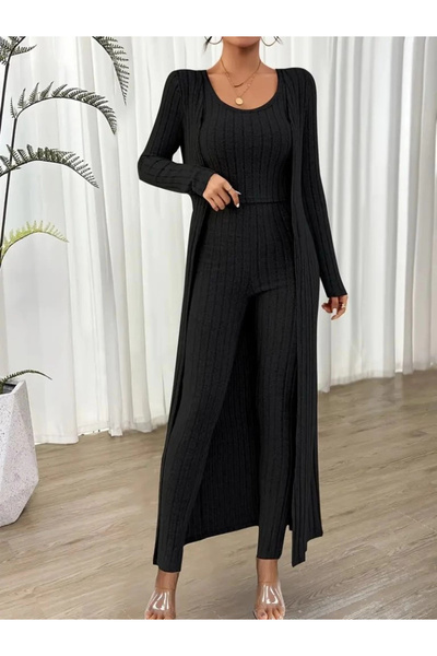MetuCA Women's Round Neck Strap Crop Blouse High Waist Leggings and Long Cardigan Shardonlu Camisole Three-Piece Suit