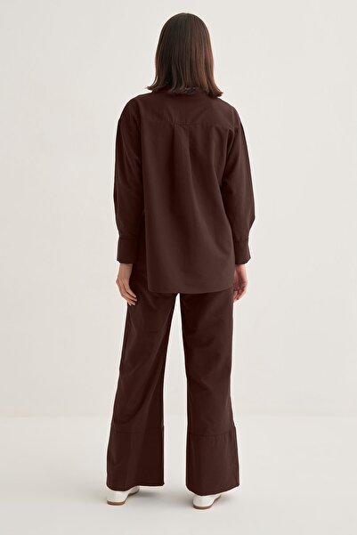 EBU Prive Women's Poplin Shirt Pants Suit Brown