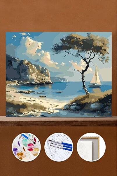 Pastelya Sayılarla Boyama Seti Çerçeveli Kasnaklı Koy Manzarası 40x50 cm