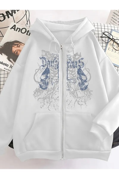 Touz Moda Gothic Printed Oversize Zippered White Unisex Hooded Cardigan