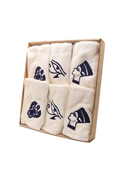 NEFERTARİ مجموعة مناشف قطنية فرعونية من نفرتاري مطرزة بالأزرق – 6 قطع