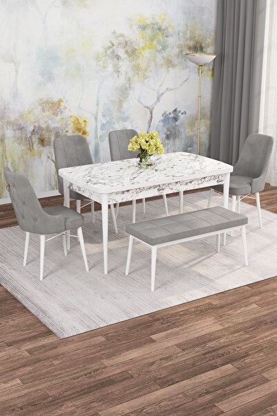 asaella mobilya Jusie Beyaz Mermer 80x132 Açılabilir Sunta Masa Yemek Odası T...