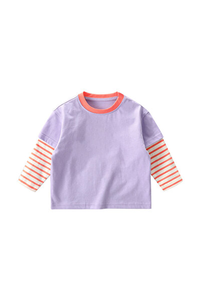 Generic Kids Long Sleeve Sweatshirt Striped Fake Two-Piece Contrast Color Top Purple 130 (7Years)