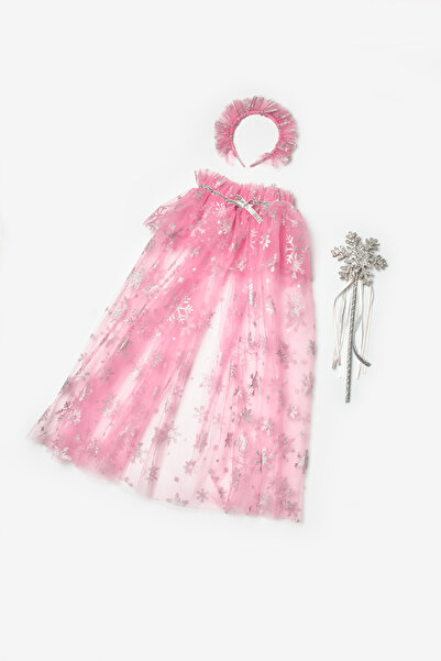 Le Mabelle Pink Snowflake Printed Girl's Cape Asa Crown Set