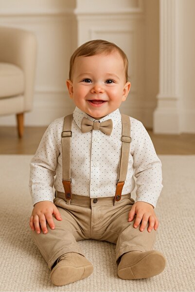 ENİA BABY بدلة للعطلات مكونة من 4 قطع مع قميص منقط وبنطلون كتان - خصر قابل لل...