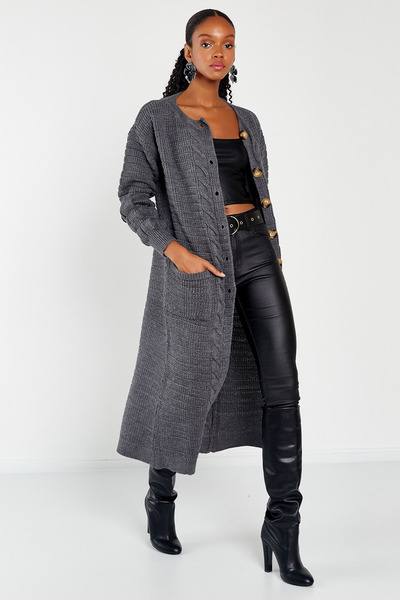 Hopoi Women's Hair Braided Crew Neck Button Maxi Cardigan