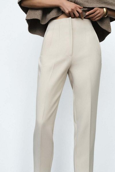Madmext Cream Front Piping High Waist Women's Trousers Mg2425
