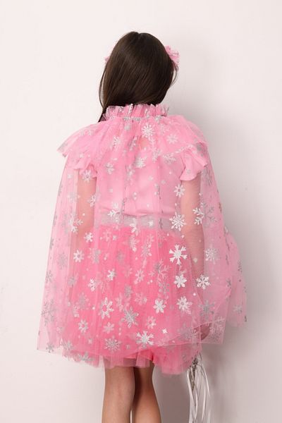 Le Mabelle Pink Snowflake Printed Girl's Cape Asa Crown Set