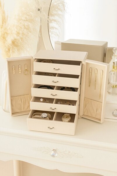 Evistro Dışı Deri İçi Kadife 5 Çekmeceli Takı Bijuteri Mücevher Kutusu Organi...