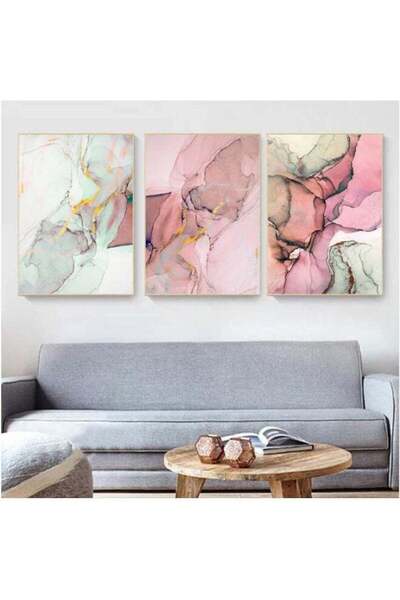 Emoda home Trove مجموعة من 3 لوحات فنية جدارية تجريدية من قماش رخامي باللون الوردي الشمالي (40 × 60 سم) مؤطرة