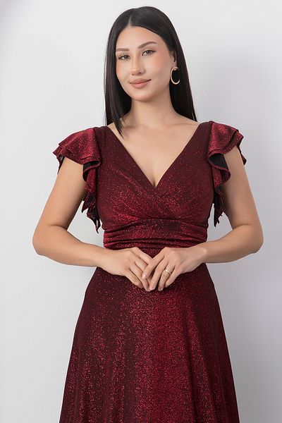 PULLIMM Sleeve Flounce Glitter Evening Dress 39925