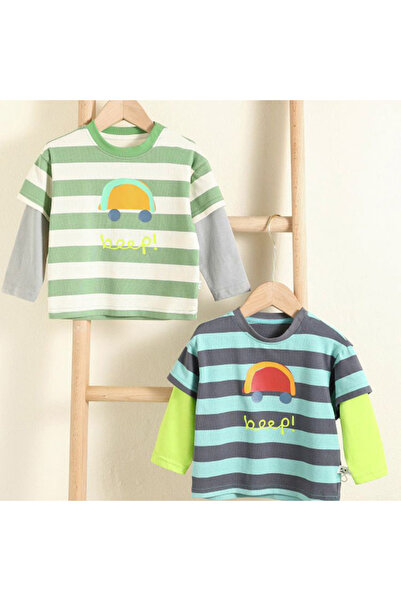 Generic Boys Fake Two-Piece Sweatshirt, Striped Crew Neck Top Blue 110 (5Years)