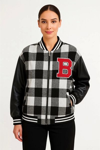 nedo7 Lumberjack College Jacket with Faux Leather Sleeves and Lining - Gray