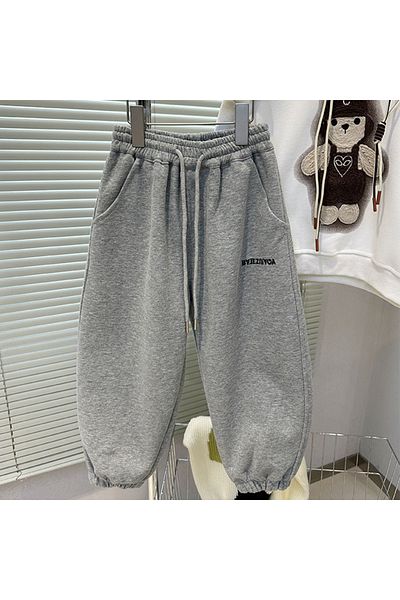 Generic Boys Elastic Waist Drawstring Striped Sweatpants, Monogram Print Kids Pants Grey 90 (2-3 Years)
