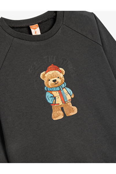 Koton Ayıcık Baskılı Uzun Kollu Bisiklet Yaka Pamuklu Şardonlu Sweatshirt