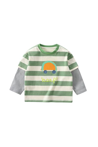 Generic Boys Fake Two-Piece Sweatshirt, Striped Crew Neck Top Green 100 (4Years)