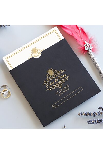 Pixel Davetiye 50 Adet Siyah Düğün Davetiye Altın Yaldızlı-Düğün-Nişan-Kına-Sünnet Davetiyesi-2008