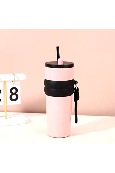 Techsuit Large Coffee Thermos Cup with Straw THM7, 710ml, Pink