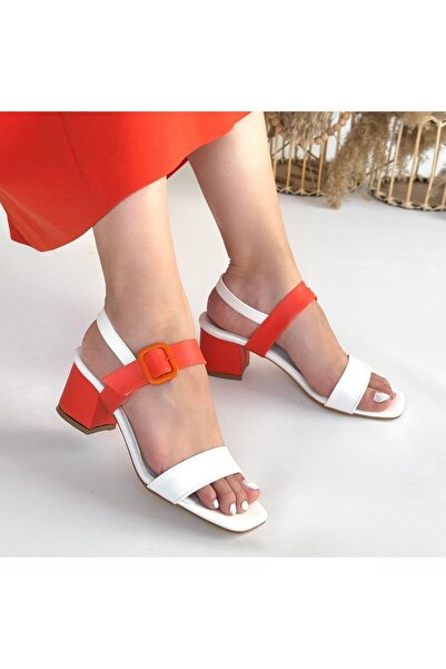 Ozer&Hermin Year White Skin Orange Detailed Heeled Shoes