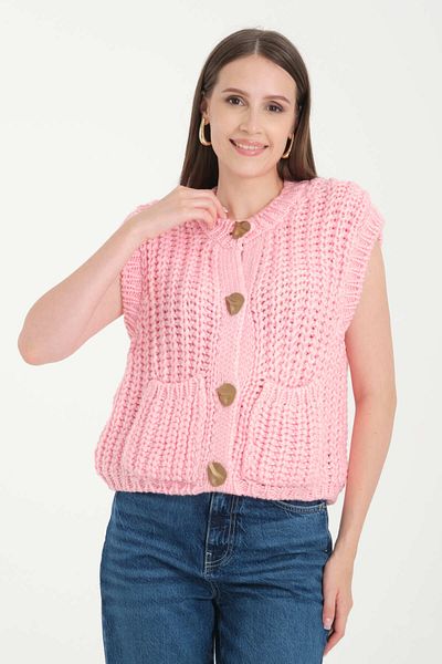 İLKCET MODA Crew Neck Soft Textured Pocket Buttoned Knitwear Vest