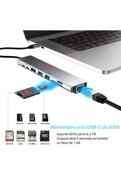 SpectrumPoint Hub Adaptor Multiport 8 in 1, USB-C 3.1, 4K HDMI, LAN RJ45 Eth, 2 x USB 3.0,TF si SD Card Reader,Gri