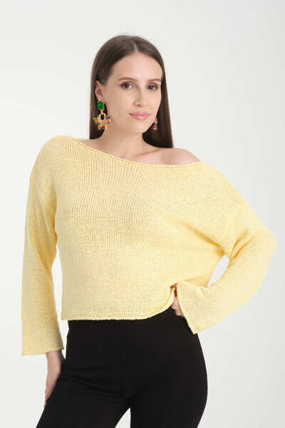 İLKCET MODA Off Shoulder Yellow Oversize Women's Sweater