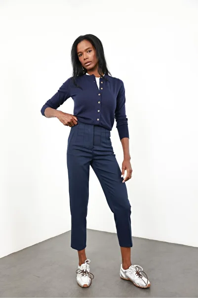5in1Canpolat Navy Blue Bone Buttoned Lyocell Yarn Cardigan
