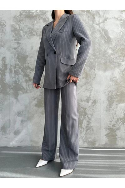 Moda İkra Jacket Vest Palazzo Pants Striped 3-Piece Suit