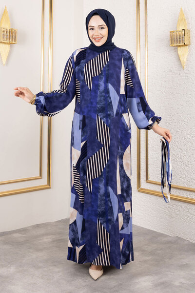 Tesettür Dünyası Geometrik Desenli Beli Kuşaklı Viskon Uzun Tesettür Elbise TSD250213 Lacivert