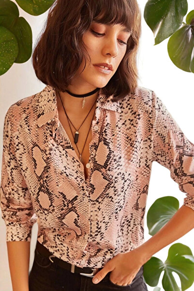 STİLVİA Women's Powder Stylish Leopard Pattern Printed Long Sleeve Shirt