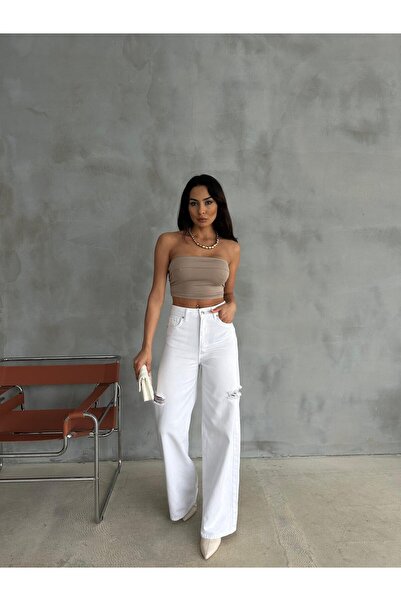 XBELLA DENİM Γυναικείο λευκό φαρδύ τζιν Laser