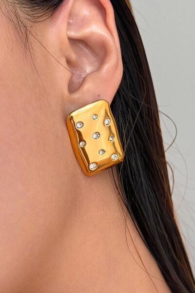 TAKIŞTIR Gold Color Stone Detailed Metal Earrings (Pair)