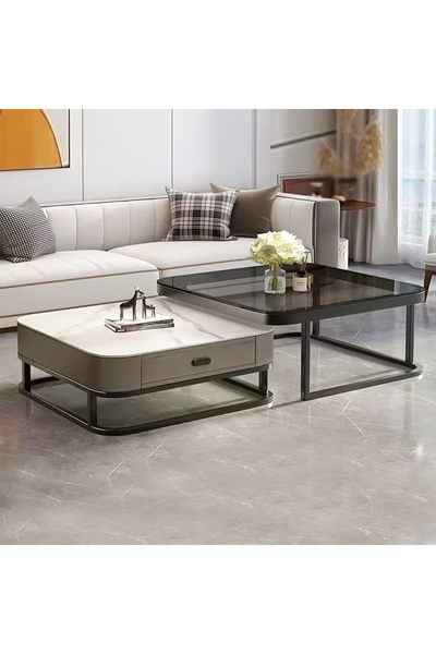 Raffine Set of 2 Marble and Glass Coffee Tables with Metal Frame Square Coffee Tables