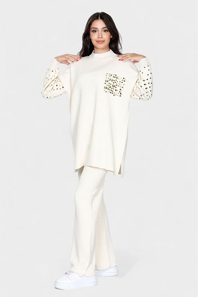 NEWCO Sequin Embroidered Knitwear Set Long Sleeve Loose Top and Wide Leg Pants Set of Two